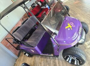 A purple golf cart with the word " cancer " on it.